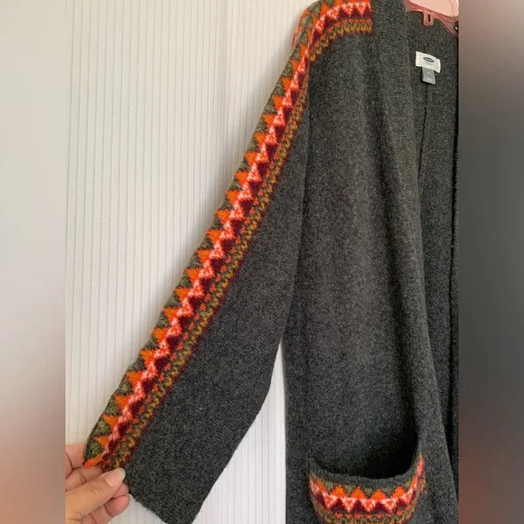 Old Navy Cardigan Open Front Dark Gray with Aztec Trim Detail Pockets Medium - Picture 3 of 13